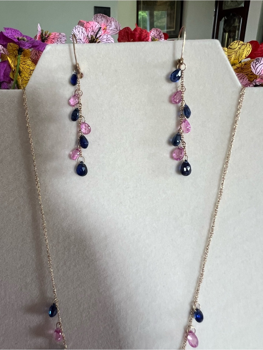 Vintage 10k Solid Gold Pink & Blue Sapphire Briolette Necklace and Earrings Set - Picture 4 of 14